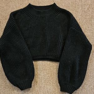 Black Crew Neck Sweater with Balloon Sleeves